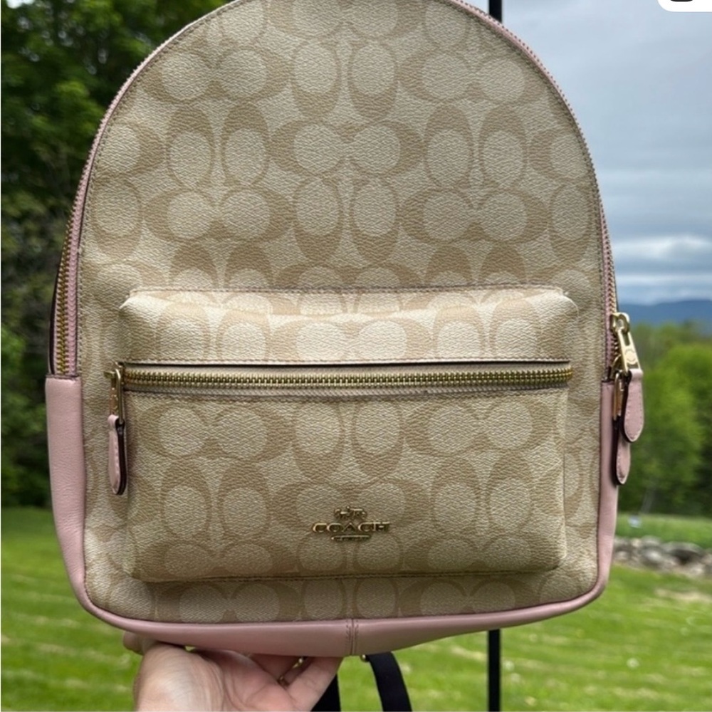 Coach Signature Canvas Backpack in Beige and Pink